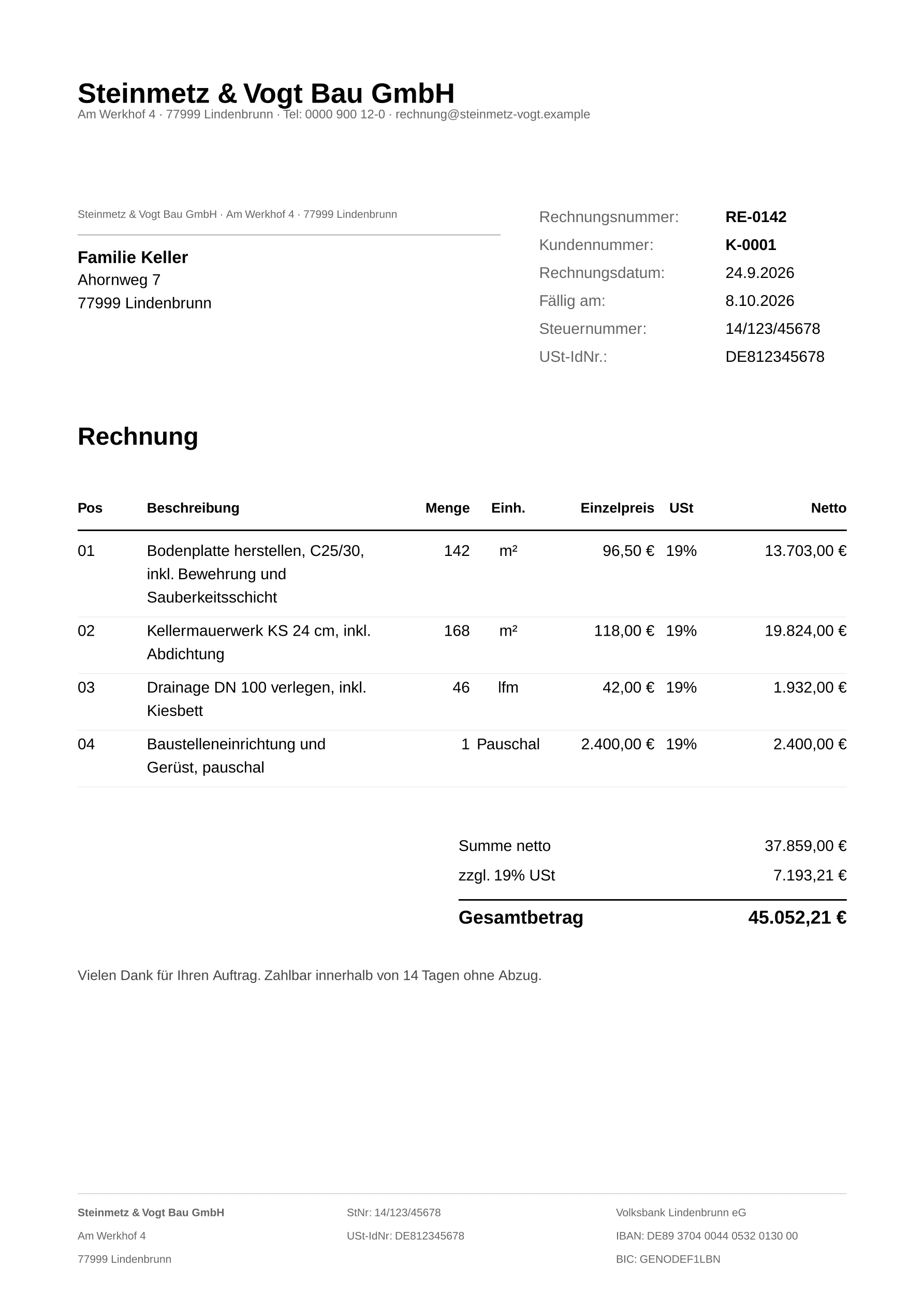 Rechnung RE-0142 als PDF aus BuiltDesk: Positionen, Summe netto, Umsatzsteuer und Gesamtbetrag